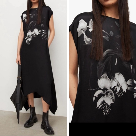 ALL SAINTS Gian Kosumoso Dress NEW Size 0 Black Floral - Picture 1 of 15